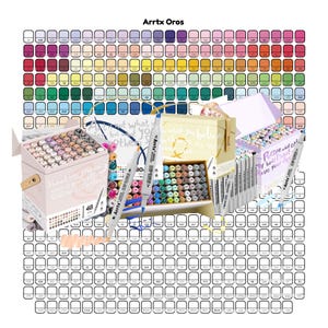 Può includere: Una collezione di pennarelli artistici Arrtx Oros in vari colori, esposti in scatole aperte e disposti contro una tabella colori. L'immagine include testo e una varietà di materiali artistici, ideale per gli artisti.