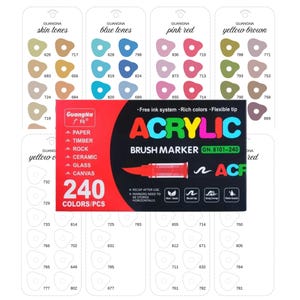 May include: A set of 240 acrylic brush markers in various colors, with a red and black box displaying the brand name and product details. Color swatches are arranged above and below the box, showcasing the range of shades.