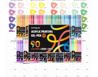 May include: A set of 90 Languo acrylic painting gel pens in a black box with colorful graphic lines. The packaging displays the text Acrylic Painting Gel-Pen Plus 90 Colors. The set includes various color-coded swatch cards for purple, yellow, red, and green tones.