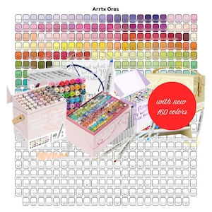Puede incluir: Conjunto de marcadores Arrtx Oros en cajas abiertas, mostrando una amplia gama de colores. La imagen incluye una carta de colores y el texto "with new 160 colors".