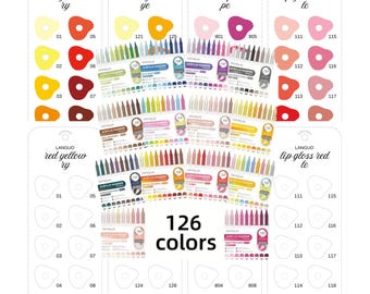 May include: A collection of 126 acrylic markers arranged in sets, featuring a wide spectrum of colors including red, yellow, pink, and various shades. The image includes color swatch charts labeled with names like red yellow, warm yellow, and lip gloss red.
