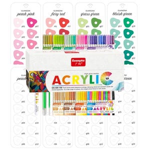 May include: A collection of acrylic high gloss markers and color swatches. The markers are in a variety of colors, including pink, red, green, and blue. The packaging includes the brand name "GuangNa" and the word "ACRYLIC".