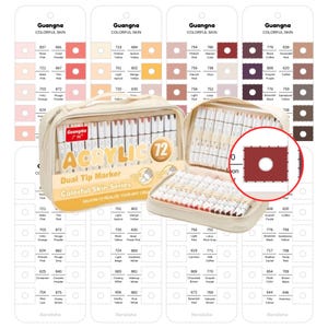 Puede incluir: Un estuche beige con cremallera que contiene 72 rotuladores acrílicos de doble punta, con una carta de colores que presenta varios tonos de piel. El estuche está etiquetado como "ACRYLIC 72" y "Colorful Skin Series". La carta de colores incluye una muestra roja.
