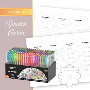 May include: A large set of 360 Shuttle Art gel pens in a black display box with a colorful floral graphic, accompanied by printable PDF swatch cards featuring numbered spaces and the text Shuttle Art Glitter for color organization.