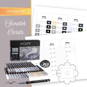 Könnte beinhalten: Eine Sammlung von Nicety Acrylfarbstiften in Grautönen, mit 32 Farben, Pinselspitze und Farbkarten. Das Bild zeigt eine Box mit Stiften, einzelne Stifte und Farbmuster zur Referenz. Der Text "Swatch Cards" ist ebenfalls sichtbar.