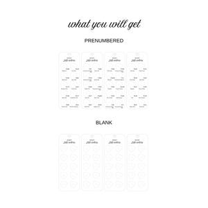 May include: A white graphic with the text "what you will get" and "PRENUMBERED" above several cards with color swatches. Below, the word "BLANK" is above more cards with blank color swatch shapes. The cards are labeled with "240 colors".