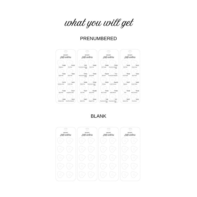 May include: A white graphic with the text "what you will get" and "PRENUMBERED" above several cards with color swatches. Below, the word "BLANK" is above more cards with blank color swatch shapes. The cards are labeled with "240 colors".