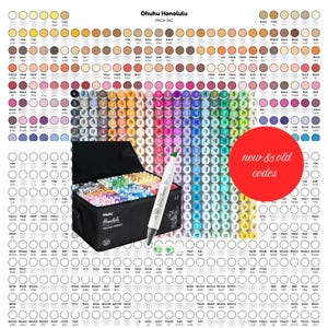 May include: A collection of Ohuhu Honolulu alcohol markers, Pack 342, in a black carrying case, with a white marker in front. The image displays a color chart with new and old codes, showcasing a wide range of colors for art and design projects.