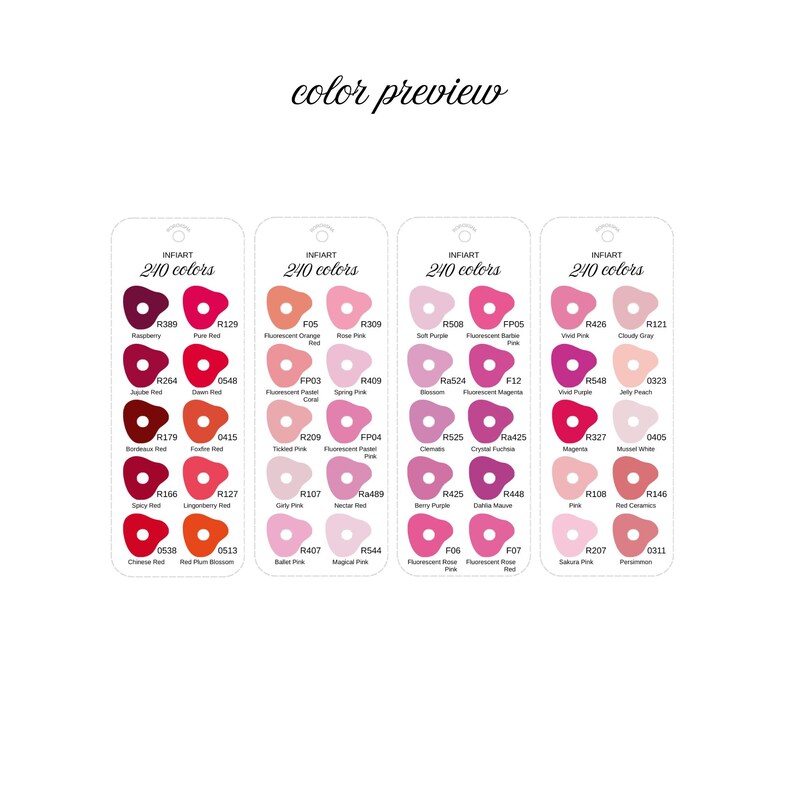 May include: Color preview image featuring four cards displaying a palette of 240 colors. Each card showcases a range of hues, from deep reds and pinks to softer pastels, with color names and codes.
