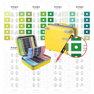 May include: A yellow art case containing numerous coloured markers and colour swatches. The case is open, displaying the markers. The colour swatches are labelled with colour names and numbers.