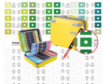 May include: A yellow carrying case filled with numerous colorful markers, accompanied by a black marker with a red tip. The image includes several white reference charts labeled Guangna PACK 360, displaying various color swatches with names and numbers.