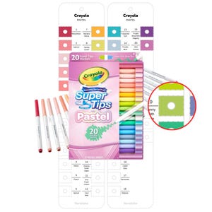 May include: A set of 20 Crayola Super Tips pastel markers in a pink box, accompanied by two white color reference charts listing names like Marvelous, Banana Mania, and Granny Smith Apple, with a circular zoom highlighting a green marker swatch.