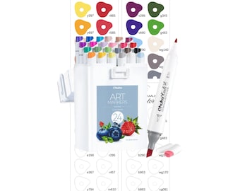Ohuhu Kaala 24 Farben Alkohol Marker Swatch Vorlage Druckbare PDF Schlank breit fein Dual Tip Marker Diagramm Sofortiger digitaler Download
