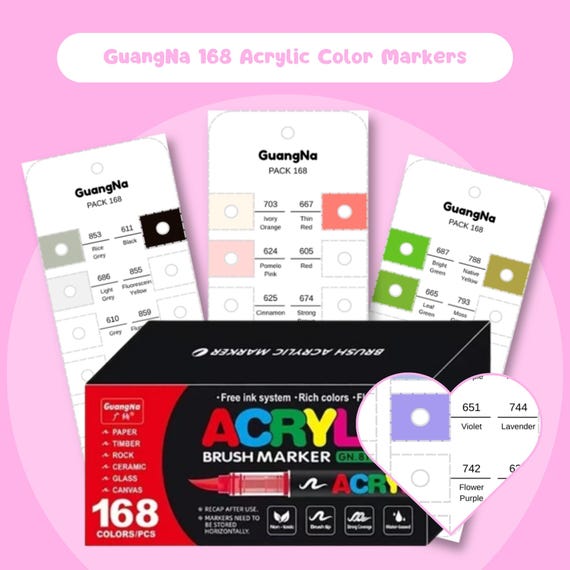 Guangna 168 Colors Acrylic Brush Marker Swatch Chart Printable PDF