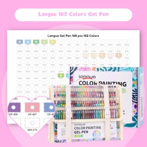Amostra de canetas de gel Languo com 162 cores, gráfico de cores para impressão, PDF digital, download instantâneo, folha para colorir com canetas de gel para pintura