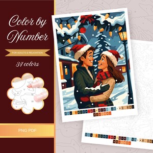 Puede incluir: Una impresión artística "Color by Number" para adultos y relajación. La imagen presenta a una pareja abrazándose en una escena invernal nevada, con gorros y bufandas de Papá Noel. La impresión tiene 34 colores y está disponible en formatos PNG y PDF.