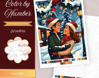 Christmas Romantic Pair Paint by Number Printable Holiday Scene Coloring Page Digital Adults Color Sheet Instant Download A4 PNG PDF