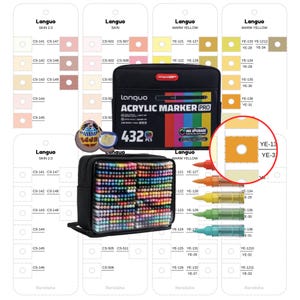 May include: A black carrying case filled with 432 colourful acrylic markers, labelled Languo Acrylic Marker Pro. The set includes colour swatch cards with codes like CS-141 and YE-121, plus a magnifying circle showing a yellow marker tip and colour sample.