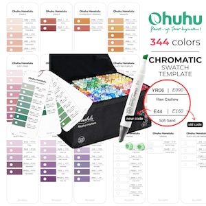 May include: A black carrying case filled with Ohuhu Honolulu alcohol markers, accompanied by multiple white color swatch cards. A single white marker with a green cap is positioned in the foreground, alongside text detailing color codes and the 344 colors set.