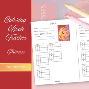 Op de afbeelding: Een afdrukbare PDF-kleurboektracker met de tekst "Coloring Book Tracker Princess". De pagina bevat een cartoonafbeelding van een prinses, beoordelingssterren en een symboolcodetabel. Twee markeerstiften zijn zichtbaar.