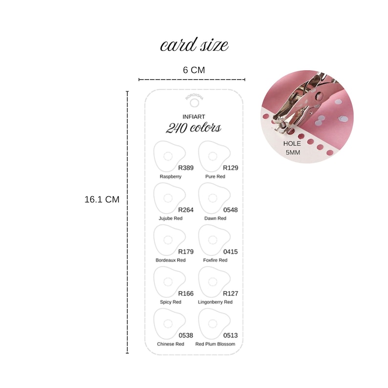 May include: A white color chart with the text "card size" and "6 CM". The chart is 16.1 CM in height and features 240 color swatches with names like "Raspberry" and "Pure Red". A hole punch is visible in the upper right corner.