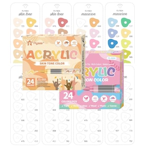 May include: Two rectangular boxes of Flysea acrylic markers, one labelled Skin Tone Colour and the other Macaron Colour. Each box contains 24 markers and features illustrations of hands, paint strokes, and icons indicating water-based, quick-drying ink.