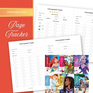May include: Printable PDF page tracker with a red and orange background. The tracker includes spaces for book titles, start and finish dates, and markers. The image also shows a coloring book tracker with book covers.
