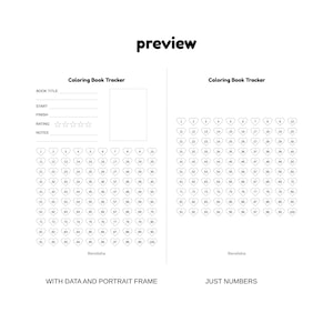 May include: A black and white coloring book tracker with the text "Coloring Book Tracker" and "preview". The tracker includes sections for book title, start, finish, rating, and notes, along with numbered heart shapes.