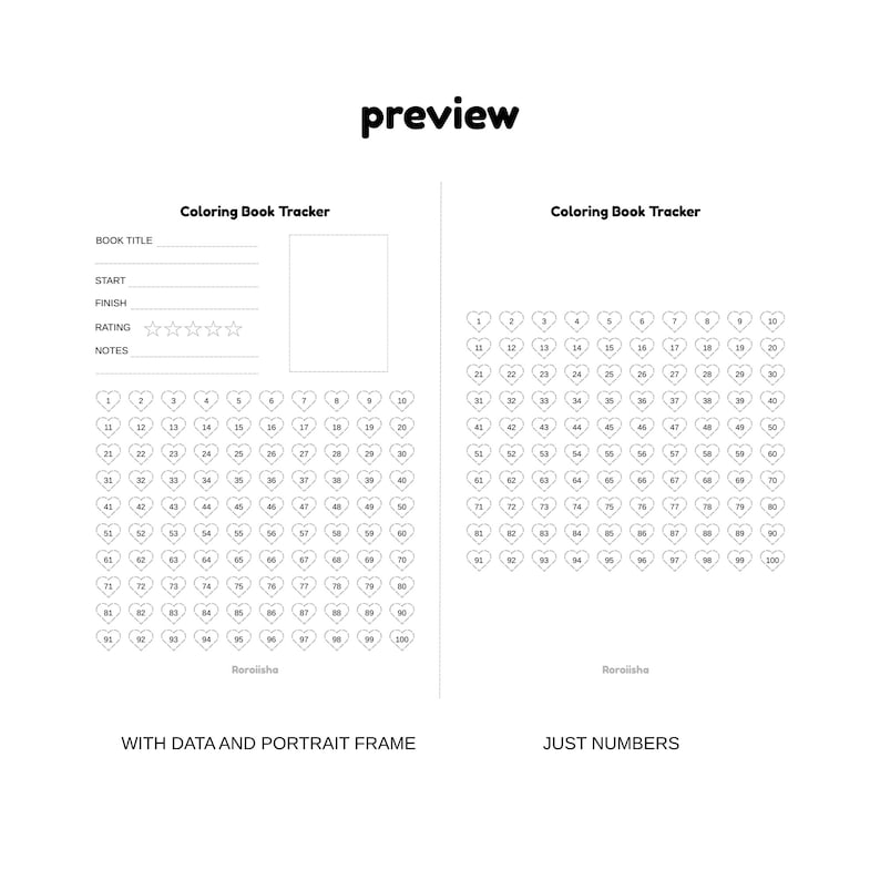 May include: A black and white coloring book tracker with the text "Coloring Book Tracker" and "preview". The tracker includes sections for book title, start, finish, rating, and notes, along with numbered heart shapes.