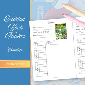 Peut inclure: Un suivi de livre de coloriage PDF imprimable intitulé "Coloring Book Tracker Smurfs". La mise en page comprend des sections pour les heures de début et de fin, l'évaluation et les marqueurs utilisés. Une illustration de Schtroumpf est présentée.