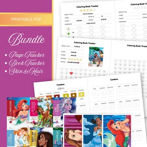 Op de afbeelding: Een printbare PDF-bundel met kleurboektrackers met hartvormige voortgangspictogrammen, combinatietabellen voor het testen van huid- en haarkleuren, en diverse illustraties van Disney-personages zoals Ariel, Elsa, Bambi en Tiana op de pagina's.