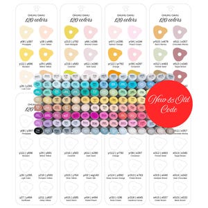 May include: A collection of 120 Ohuhu Oahu markers arranged in a grid, featuring a variety of colored caps. A red circular graphic with the white text New & Old Code overlays the markers. The background displays color charts with labels.