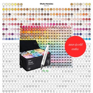 May include: An image of Ohuhu Honolulu alcohol markers, Pack 344, with a colour chart. The set includes a black carrying case filled with markers, a single marker, and a red circle with the text "new & old codes".