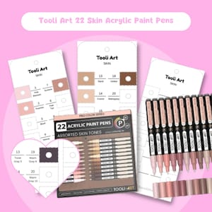 May include: Tooli Art 22 Skin Acrylic Paint Pens are displayed, showcasing a range of skin tone colours. The image includes colour swatches and a set of pens, ideal for artists. The text "Tooli Art 22 Skin Acrylic Paint Pens" is visible.