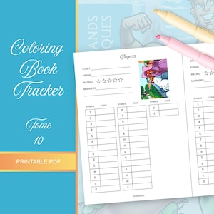 May include: A printable PDF coloring book tracker page labeled Page 55, featuring fields for start, finish, rating, and markers. It includes a table for symbols and codes, and a small illustration of a character in a pink hat and purple dress.