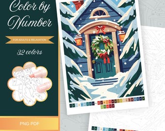 Christmas Door with Wreath Paint by Number Printable Holiday Scene Page Digital Adults Procreate Coloring Sheet Instant Download A4 PNG PDF