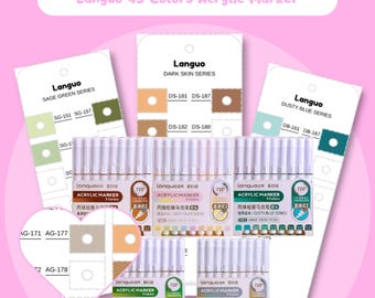 Languo 45 Colors Acrylic Marker Swatch Template Printable Brush Marker Chart 5 Series Set Color Tags Card PDF Instant Digital Download