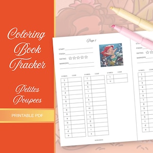 May include: A printable PDF colouring book tracker titled Petites Poupees with a white page featuring a small illustration of a mermaid, star rating sections, and tables for symbols and codes, accompanied by a yellow and a pink marker pen.