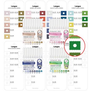 Może przedstawiać: Wyświetlanych jest kilka zestawów markerów akrylowych Langou, każdy z inną serią kolorów: Cocoa Brown, Barbie Pink, Galaxy Purple i Forest Green. Każdy zestaw zawiera 9 markerów i próbki kolorów.