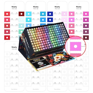 May include: A box set of Nicety acrylic markers, pack of 180, with a wide array of colors. The box is black with the brand name and product information. Color swatches are displayed on cards, with a close-up of a pink swatch.
