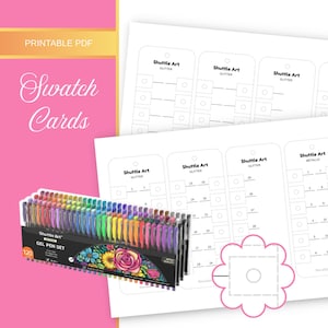 May include: A Shuttle Art 120-count gel pen set with a floral graphic on the packaging, displayed alongside printable PDF swatch cards featuring numbered grids and labels for glitter and metallic pens on white paper with a pink background.