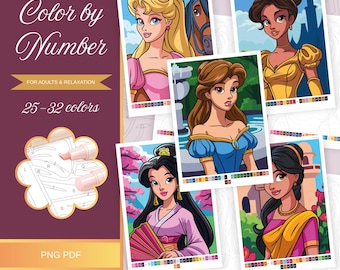 Princesas para colorear por números para adultos. Páginas para colorear detalladas e imprimibles. Hoja para colorear por número. Descarga digital instantánea. PNG PDF.
