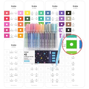 May include: A set of 42 glitter gel ink pens in various colors, displayed with color swatches and product packaging. The pens are arranged in a neat row, showcasing their shimmering ink. The packaging reads "Grabie 42 PACK".