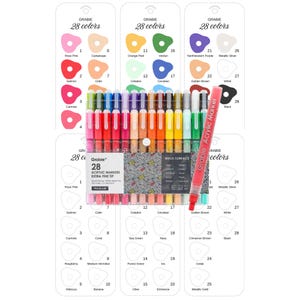 May include: A set of 28 acrylic markers with extra fine tips, displayed with color swatches. The markers are in a clear plastic case, with a single red marker shown separately. The packaging includes the text "GRABIE 28 colors".