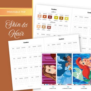 Peut inclure: PDF imprimable intitulé "Peau & Cheveux" avec des tableaux de combinaisons de couleurs. Les tableaux comprennent des sections pour la peau, l'ombre, le contour et les cheveux. Des illustrations de personnages animés sont également incluses, avec du texte en bas.