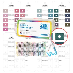 Può includere: Un set di 288 pennarelli acrilici con punta morbida, mostrato con campioni di colore e un pennarello. Il set include una varietà di colori, tra cui rosa dolce, blu polveroso e nero colorato.