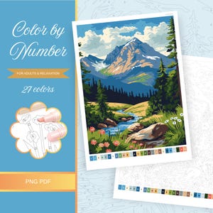May include: A "Color by Number" kit for adults and relaxation. The image shows a mountain landscape with a river, trees, and flowers. The kit includes 27 colours and is available in PNG and PDF formats.