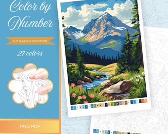 Nature Landscape Paint by Number Printable Coloring Page Digital Adults Color by Number Detailed Coloring Sheet Instant Download A4 PNG PDF