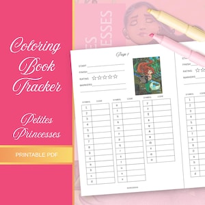 以下が含まれることがあります： 「Coloring Book Tracker Petites Princesses」というタイトルの、印刷可能なPDFぬりえブックトラッカー。ページには人魚のイラスト、評価の星、マーカー用のスペースが含まれています。2つの蛍光ペンが見えます。