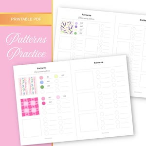 Può includere: PDF stampabile "Patterns Practice" con esempi di motivi floreali ed estivi. Include campioni di colore e spazi vuoti per esercitarsi. Le pagine sono bianche con accenti rosa e testo.